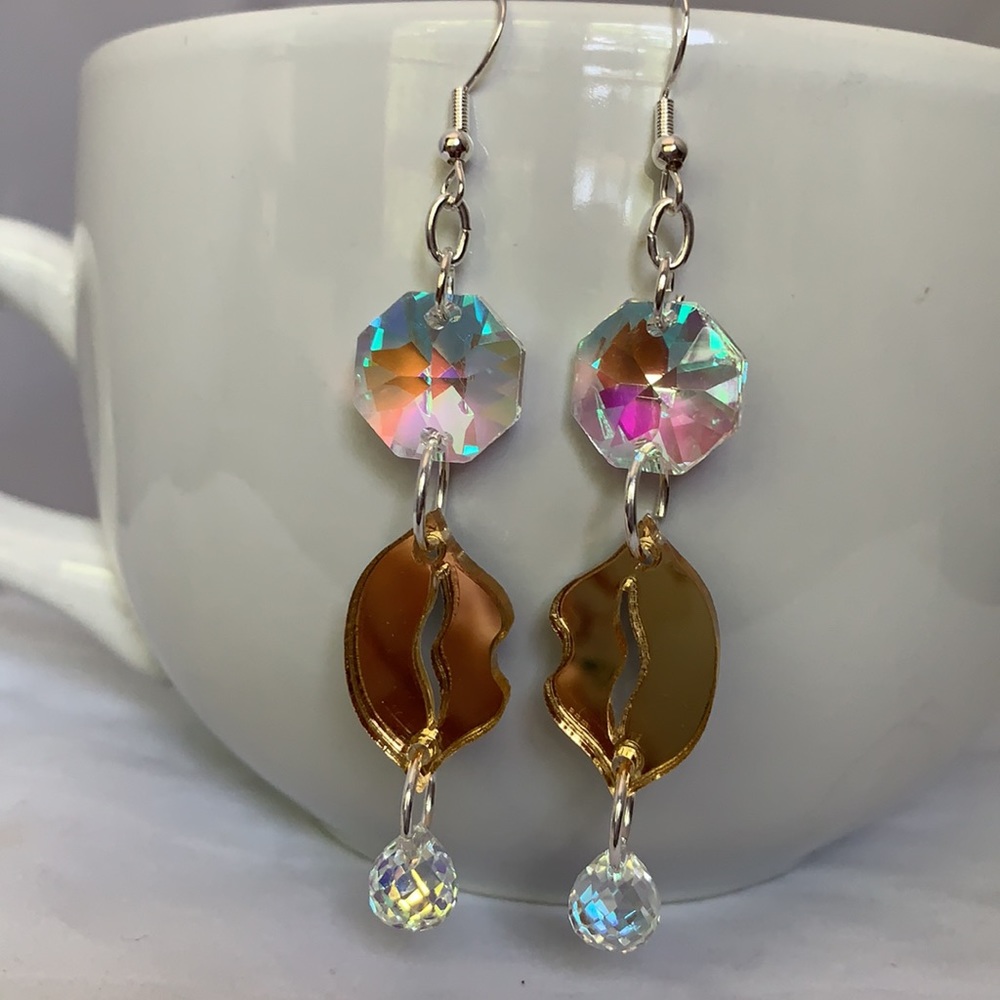 Gold Mirror Lips and Crystal Dangle Earrings